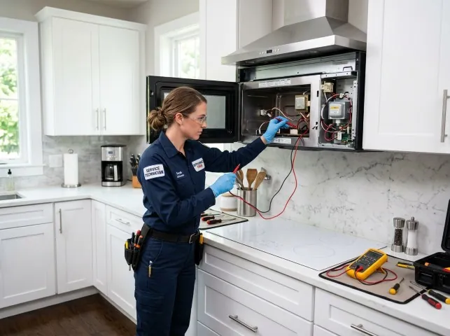 Appliance Repair Hero technician testing an over-the-range microwave in a Acampo, CA kitchen